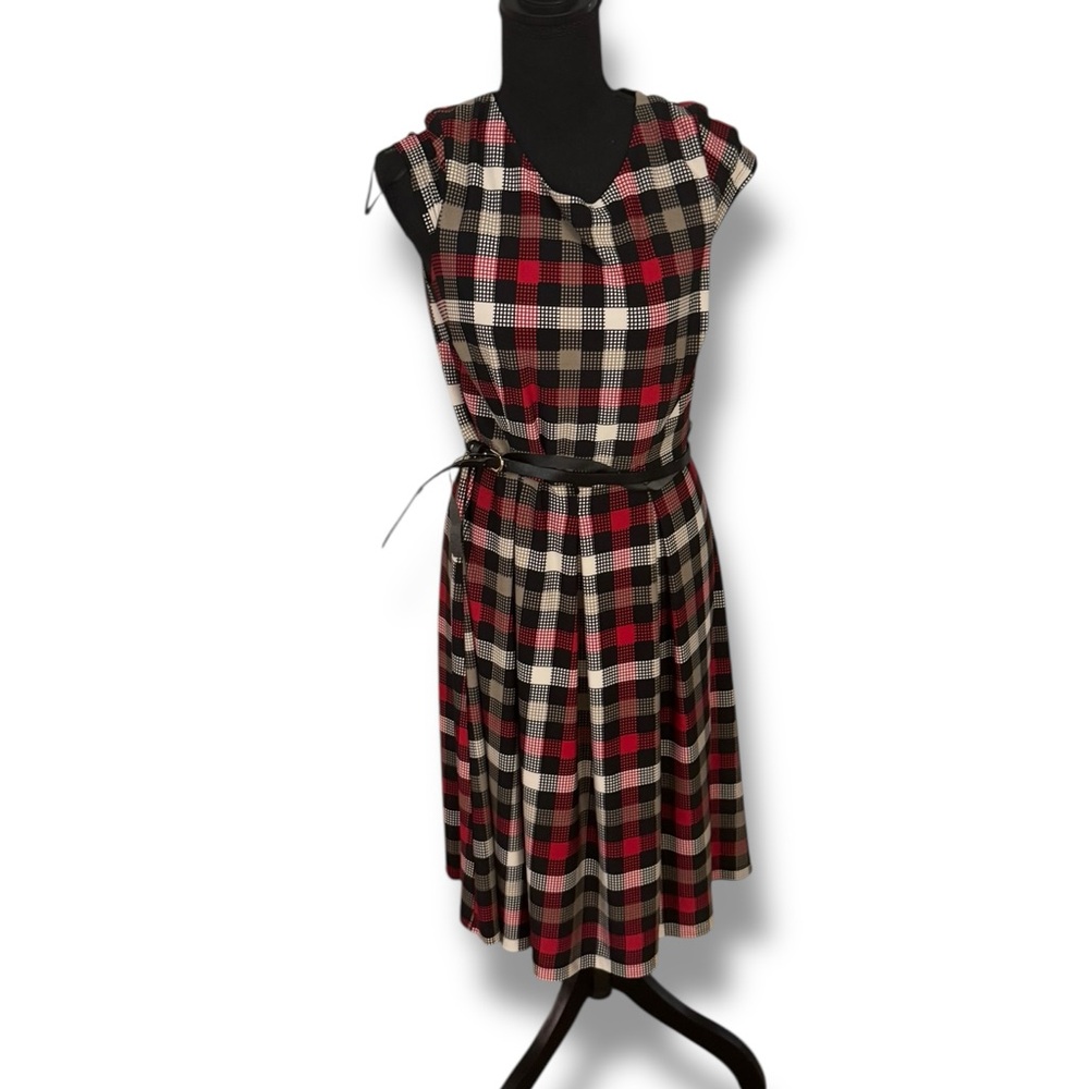 Liz Claiborne Black Red Tan Check Patterned Dress W/ Black Belt Size 8 NWOT